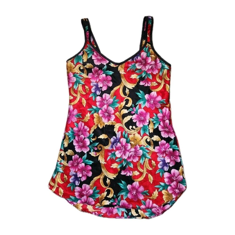 VTG Sleep Solutions Satin Nightgown Floral Red Black Baroque Mini Slip Sz S GUC